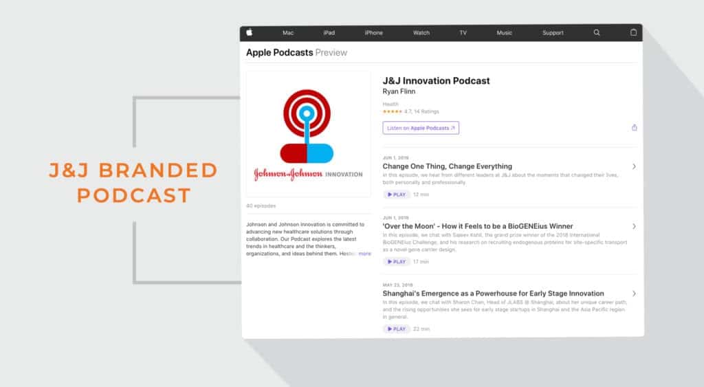 Apple Podcast page showing a preview of J&J Innovation Podcast profile