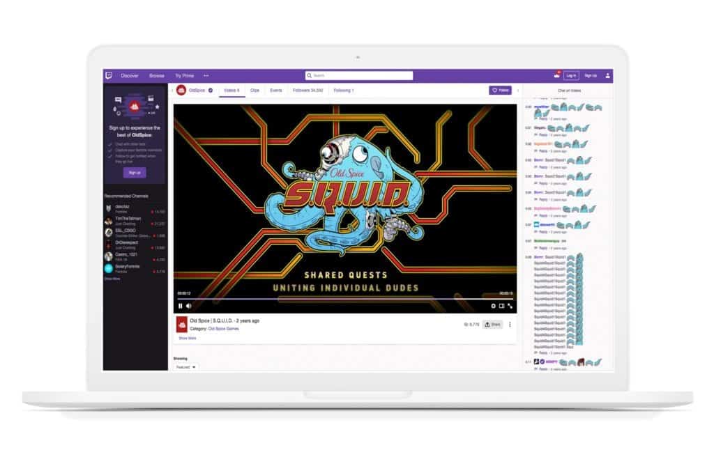 a white laptop displaying a video on twitch tv with the blue and robotic old spice squid.